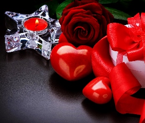 Prezent, Kompozycja, Róża, Świeca, Serduszka