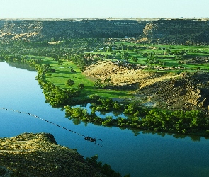 Rzeka, Panorama, Drzewa, Góry