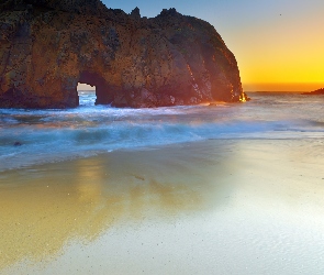 Kalifornia, Zachód Słońca, Morze, Skały