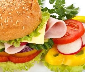 Warzywa, Szynka, Hamburger, Ser