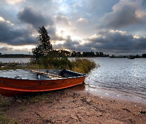 Jezioro, Trawy, Drzewa, Łódz