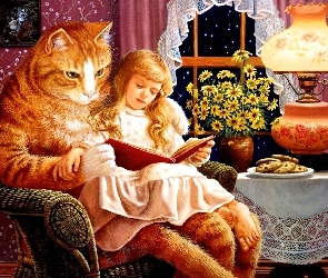 Kot, Fotel, Książka, Dziewczynka