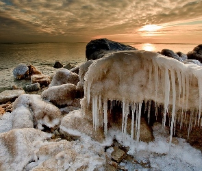 Plaża, Zima, Kamienie, Oblodzone, Morze