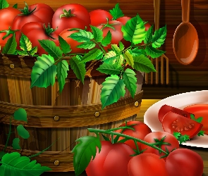 Pomidory, Grafika, Talerz, Liście