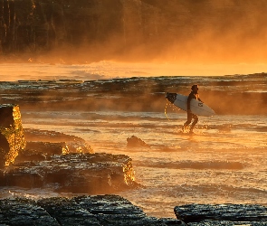 Skały, Surfing, Słońca, Zachód, Morze