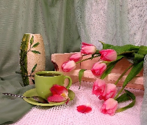 Bukiet, Filiżanka, Tulipanów, Różowych