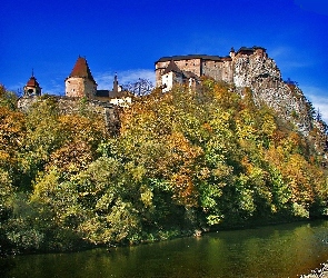 Zamek Orawski, Rzeka Orawa, Drzewa, Wzgórze, Słowacja