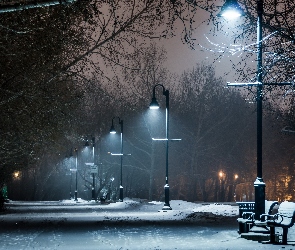 Park, Zima, Ławki, Latarnie