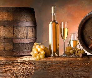 Wino, Winogrona, Kieliszki, Butelki, Beczki