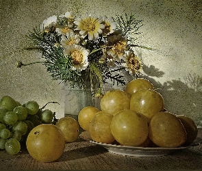 Kwiatów, Bukiet, Śliwki, Winogrona