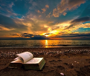 Zachód, Książka, Plaża, Morze, Słońca
