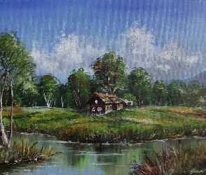 Jezioro, Drzewa, Dom