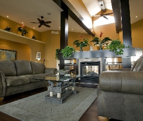 Salon, Dywan, Stolik, Kominek, Kanapy