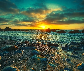 Słońca, Zachód, Morze, Kamienie