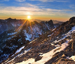 Ośnieżone, Niebo, Promienie, Słońca, Góry