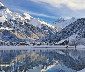 Góry, Zima, Jezioro, Zabudowania, Las