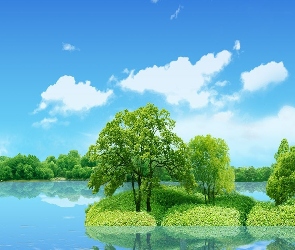 Jezioro, Chmurki, Drzewa