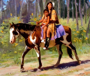 Obraz, Koń, Indianka