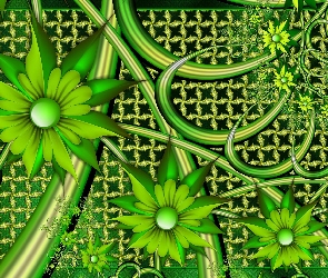 3D, Grafika, Zielone, Kwiaty