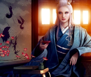 Japonka, Wiśni, Kwiat, Kimono, Kobieta