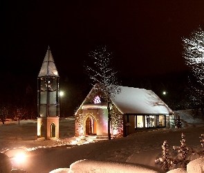 Kościół, Śnieg, Światła, Drzewa