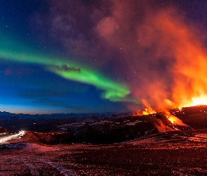 Polarna, Zorza, Góry, Islandia, Erupcja, Wulkanu