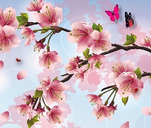 Motyle, Biedronki, Owocowego, Kwiaty, Drzewa, Gałązka