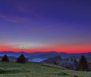 Pole, Drzewa, Słońca, Zachód, Góry