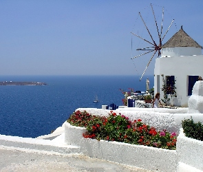 Grecja, Santorini, Wiatrak, Morze