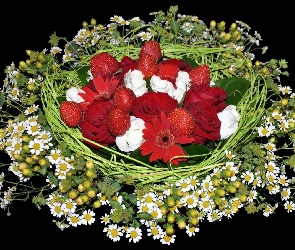 Kompozycja, Rumianki, Truskawki, Kosz