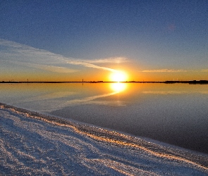 Słońca, Zachód, Jezioro, Plaża