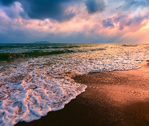 Fale, Chmury, Niebo, Plaża, Morze