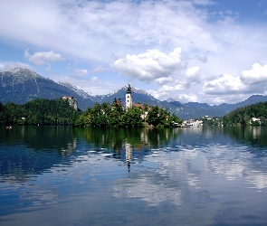 Góry, Słowenia, Bled, Jezioro, Kóściół