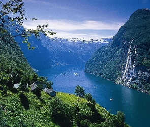 Norwegia, Statek, Wodospad, Góry, Fiord Geirangerfjorden