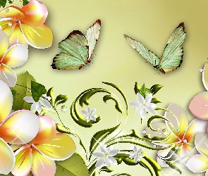 Art, Motyle, Kwiaty, Plumeria