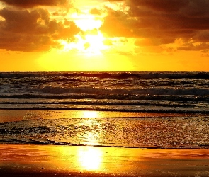 Słońca, Zachód, Morze, Plaża