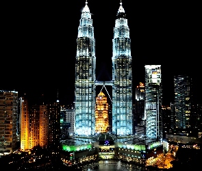 Malezja, Noc, Petronas Towers, Kuala Lumpur