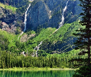 Stan Montana, Stany Zjednoczone, Wodospady, Jezioro Hidden Lake, Góry, Drzewa, Park Narodowy Glacier