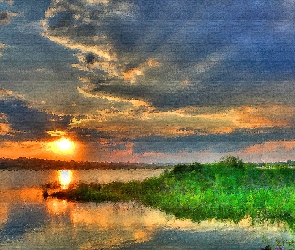 Obraz, Słońce, Chmury, Woda