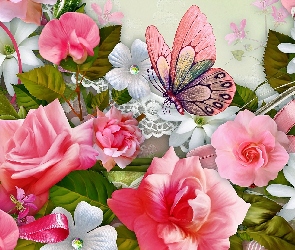 Róże, Art, Motyl, Kwiaty, Różowe