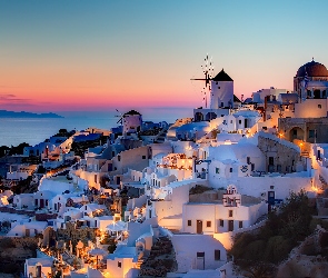 Grecja, Santorini, Wiatrak, Domy, Zachód Słońca, Wioska Oia