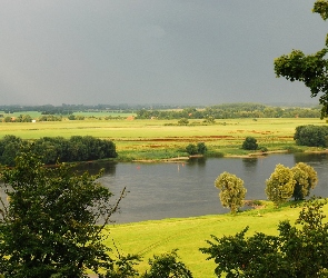 Rzeka, Panorama, Drzewa, Łąki