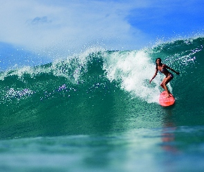 Fala, Wysoka, Kobieta, Surfing