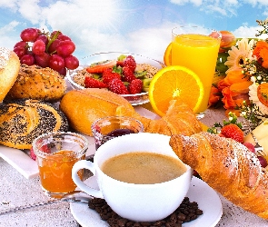 Śniadanie, Owoce, Ser, Bułeczki, Kawa, Sok