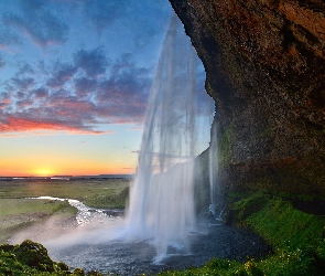 Słońca, Zachód, Islandia, Wodospad