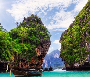 Tajlandia, Łódka, Morze, Góry