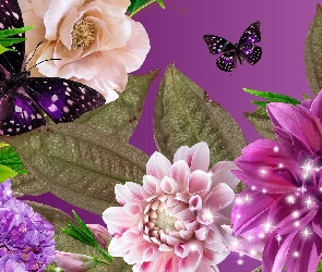 Kwiaty, Motyle, Liście, Kolorowe