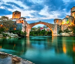 Niebo, Neretwa, Mostar, Bośnia i Hercegowina, Rzeka, Miasteczko, Most