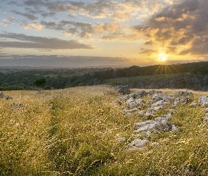 Panorama, Słońca, Skały, Łąki, Kamienie, Promienie