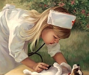 Dziewczyna, Pielęgniarka, Szczeniak, Stetoskop, Pies